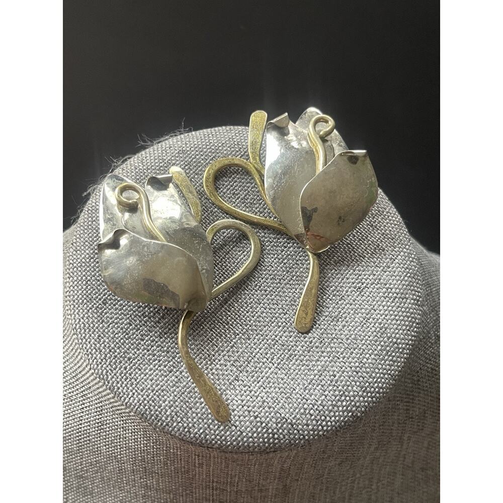 Brass Mixed Metal Statement Pierced Earring Flower Fairycore Whimsy Chunky Boho